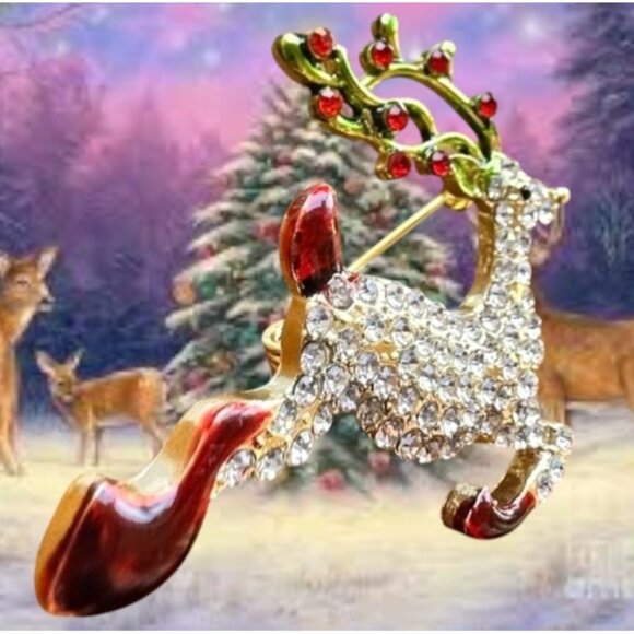 Reindeer Brooch Pin Rudolph Christmas Eve New Crystal Accents Santa Nort… - Picture 5 of 12